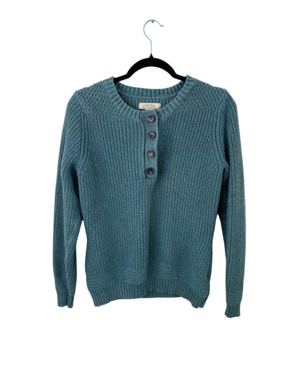 Natural Reflections Womens Green Ribbed Knit Button Henley Sweater M 1/4 button - Picture 2 of 7